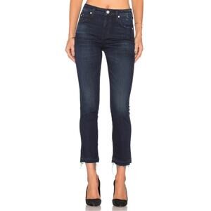 AMO Women’s Dark Wash Babe Jeans Eclipse Denim Raw Hem High Rise Blue Button Fly